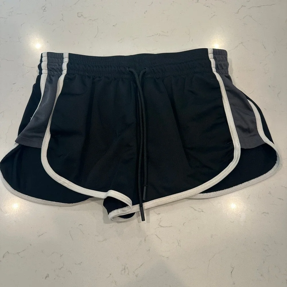 Athletic Works Womens Black Grey Running Shorts Size S 4-6 Drawstring Pockets